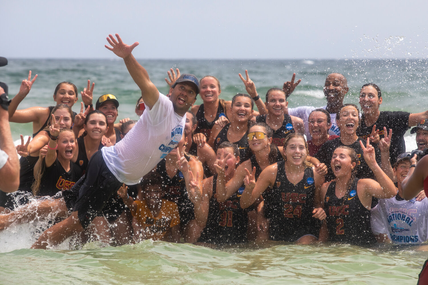 The USC Women of Troy celebrated a third consecutive NCAA beach volleyball championship in the water after they beat UCLA on Gulf Place Beach in Gulf Shores Sunday, May 7.