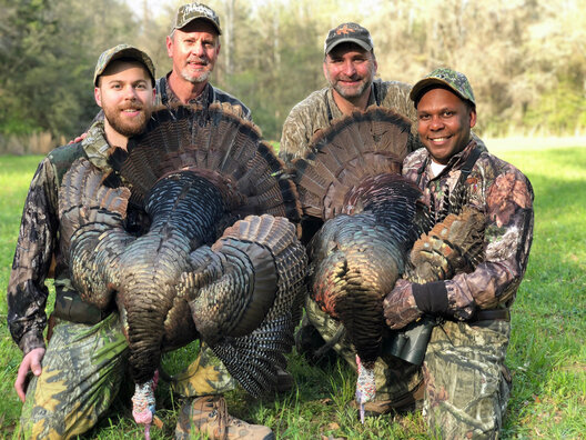 With Al Mattox, back left, and Chuck Sykes, back right, as mentors, Arnold and Charles Barrow doubled up on the AMH hunt in 2018.
