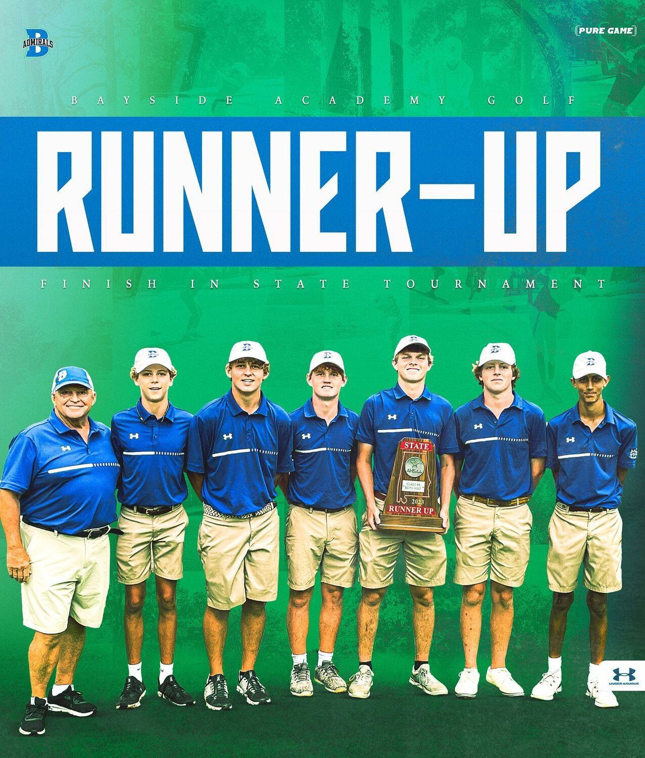 The Bayside Academy Admiral boys’ golf team took second place in the team competition at the Alabama High School Athletic Association’s Class 4A state championship tournament in Opelika Tuesday, May 16. Luke Ferguson, who had won a soccer state championship just three days prior, was his team’s lowest shooter with a score of 149.
