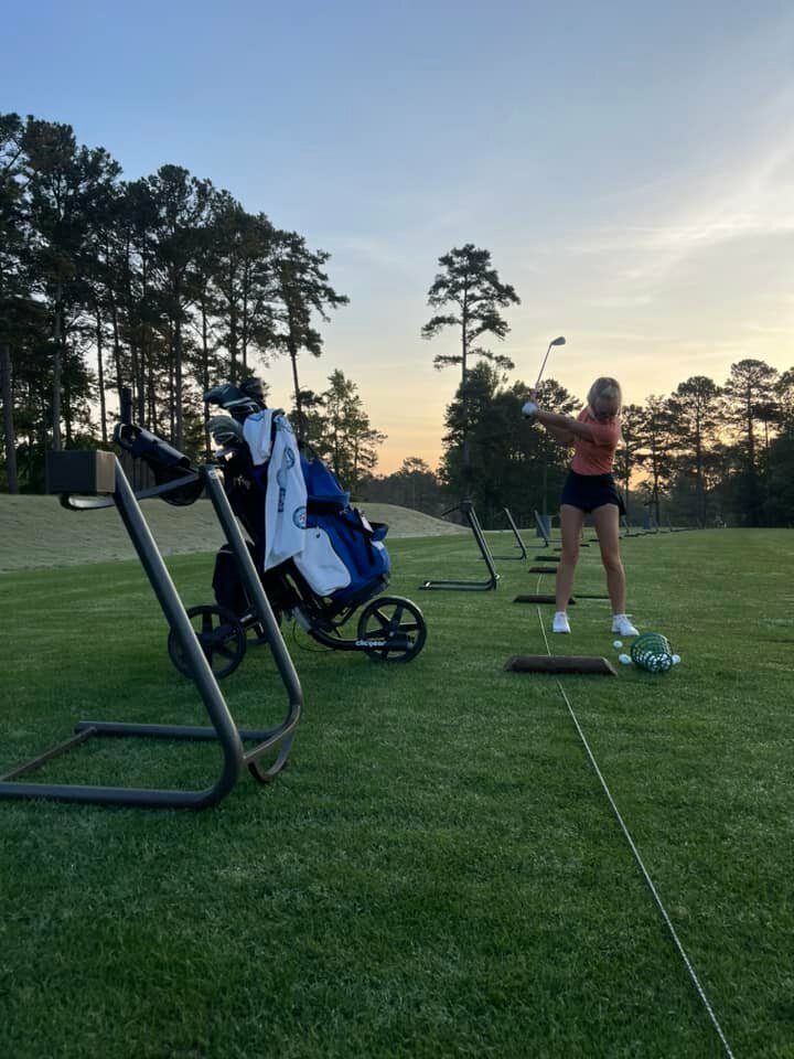 Orange Beach senior and Southeastern University signee Alley Beth Waldrop warms up for her first round at the RTJ Grand National Golf Course in Opelika during the AHSAA state championships Monday, May 15. Waldrop recorded a first-round score of 85 before she withdrew from the event.