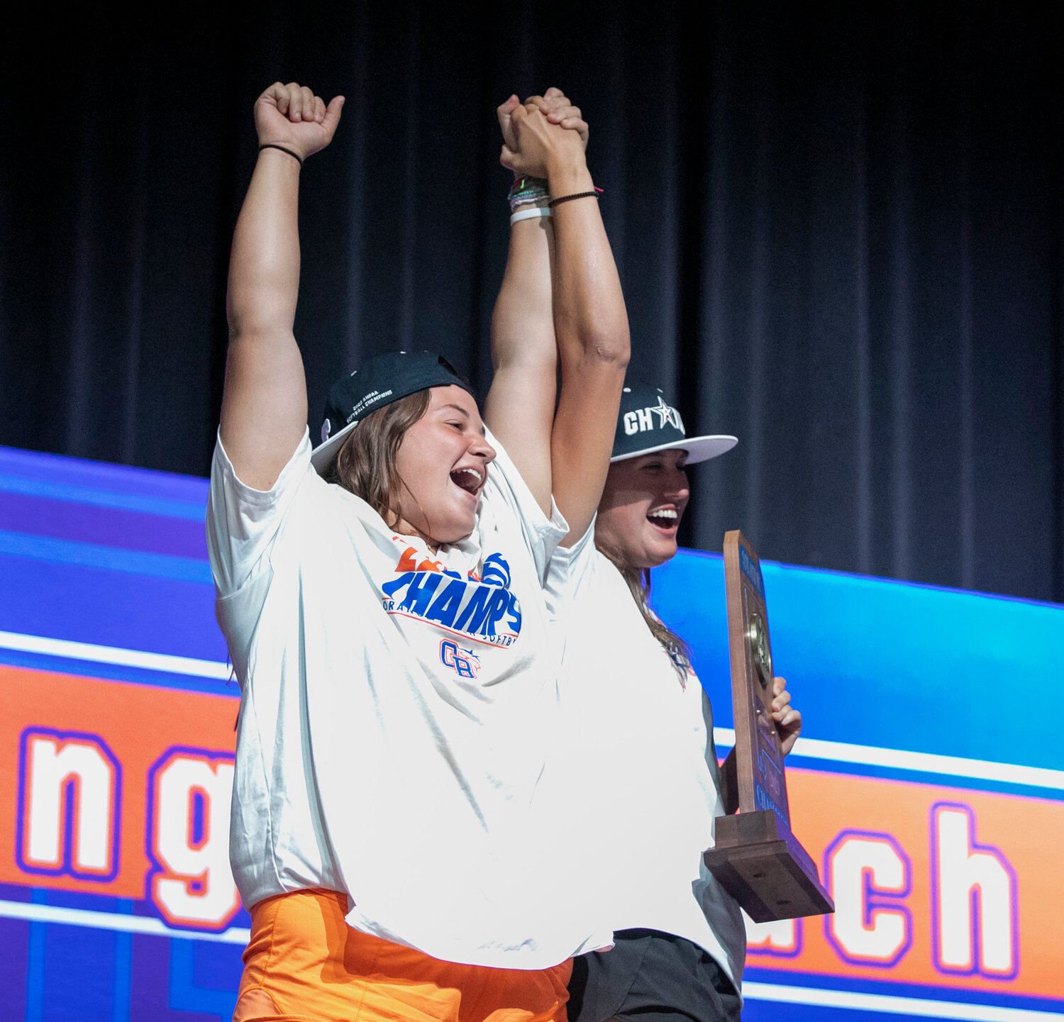 KG Favors and Georgia McDonald are introduced to the audience on hand at the welcoming ceremony Sunday, May 21, at the Orange Beach Performing Arts Center following the Makos’ third straight state championship.