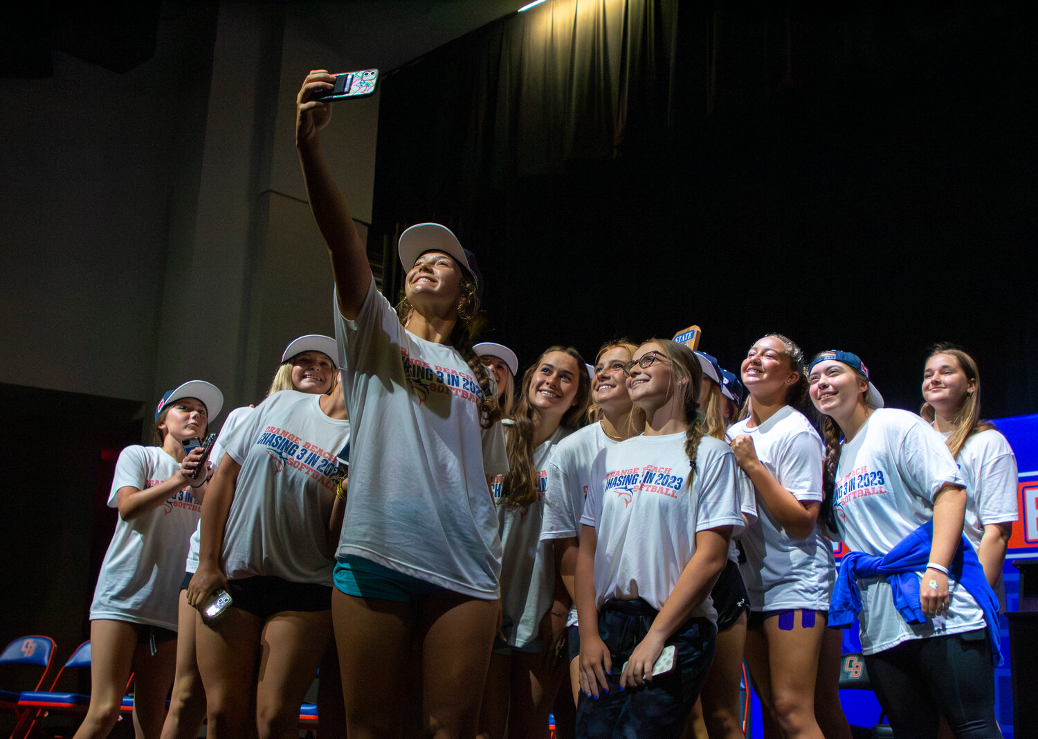 The Orange Beach Makos come together for a selfie shortly after returning home with a third straight state title on the softball diamond. The community welcomed them back to town with a ceremony Sunday, May 21, at the Performing Arts Center.