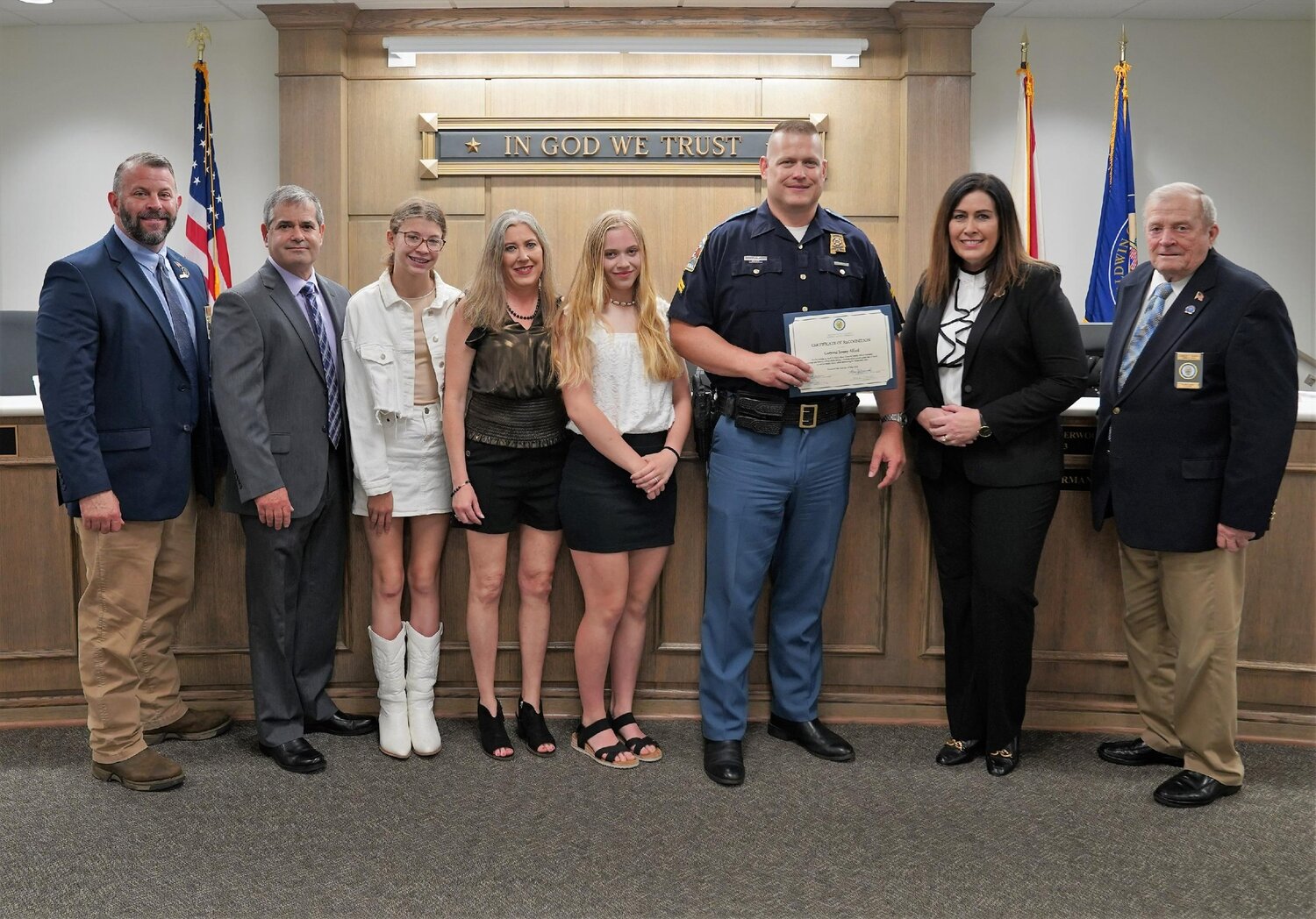 Cpl. Jeremy Alford, a state trooper and Baldwin County resident, was honored by Baldwin County Commission for his efforts during an incident in which he was shot in the line of duty.