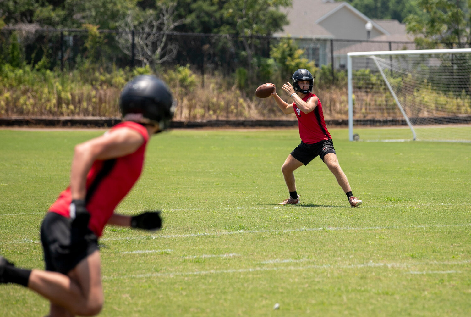 Spanish Fort’s Drew Williamson loads up a throw in the first round of bracket play at the Foley 7-on-7 Showdown on Thursday, June 29. The Toros took down the Lions’ B Team by a score of 35-15.