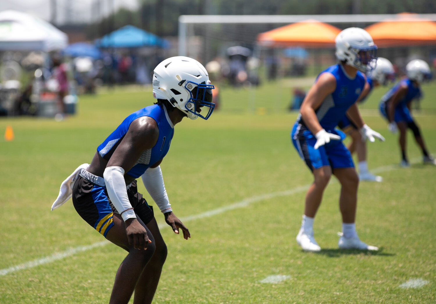 Fairhope senior Ameyr Adams readies for a play near the goal line in the second-round bracket contest between the Pirates and host Foley Lions at the 7-on-7 Showdown hosted by Foley Sports Tourism.