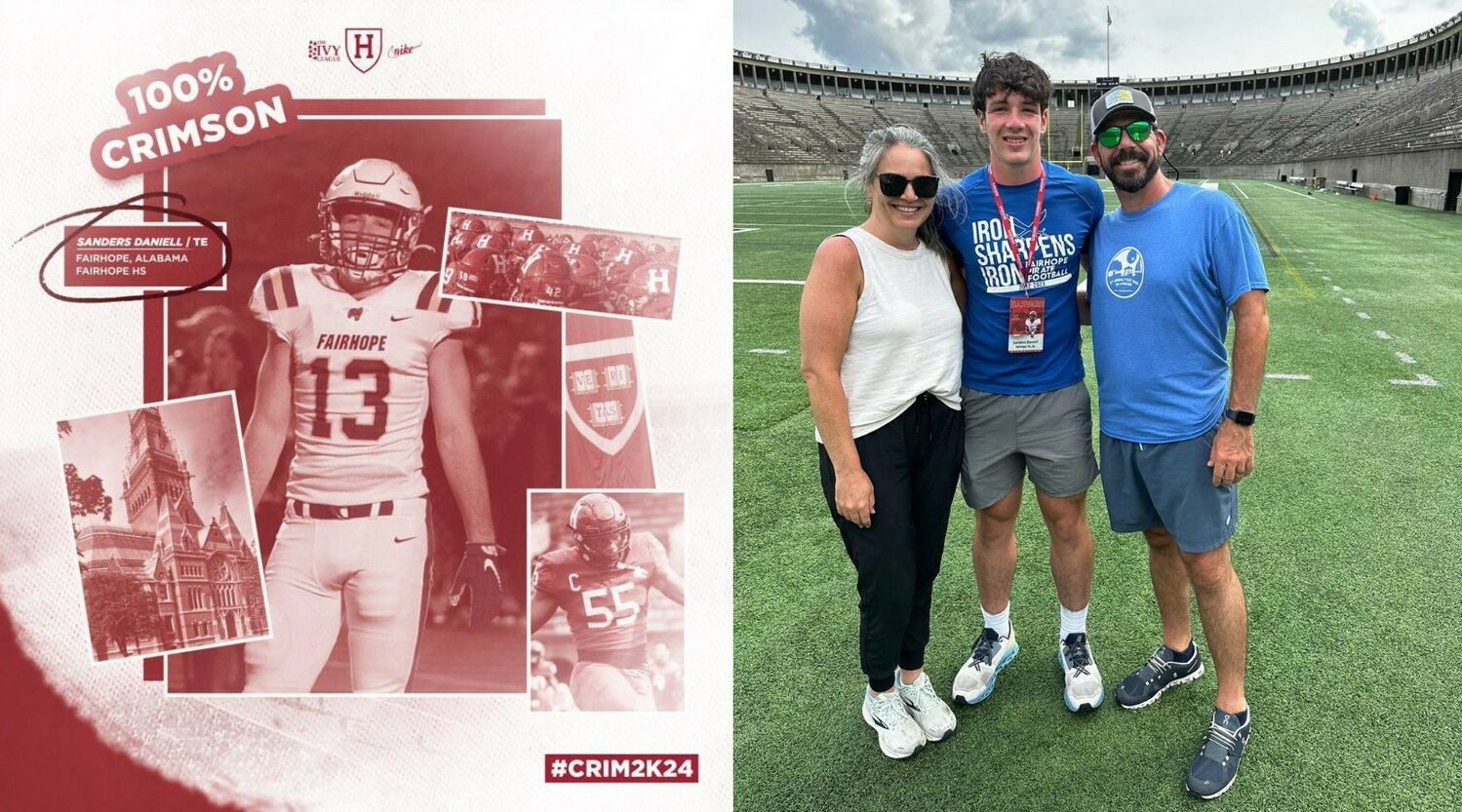 Fairhope rising senior Sanders Daniell announced his commitment to the Harvard Crimson on Thursday, June 29. At right, he is pictured at his campus visit on Monday, June 26, before he announced his offer the following day.