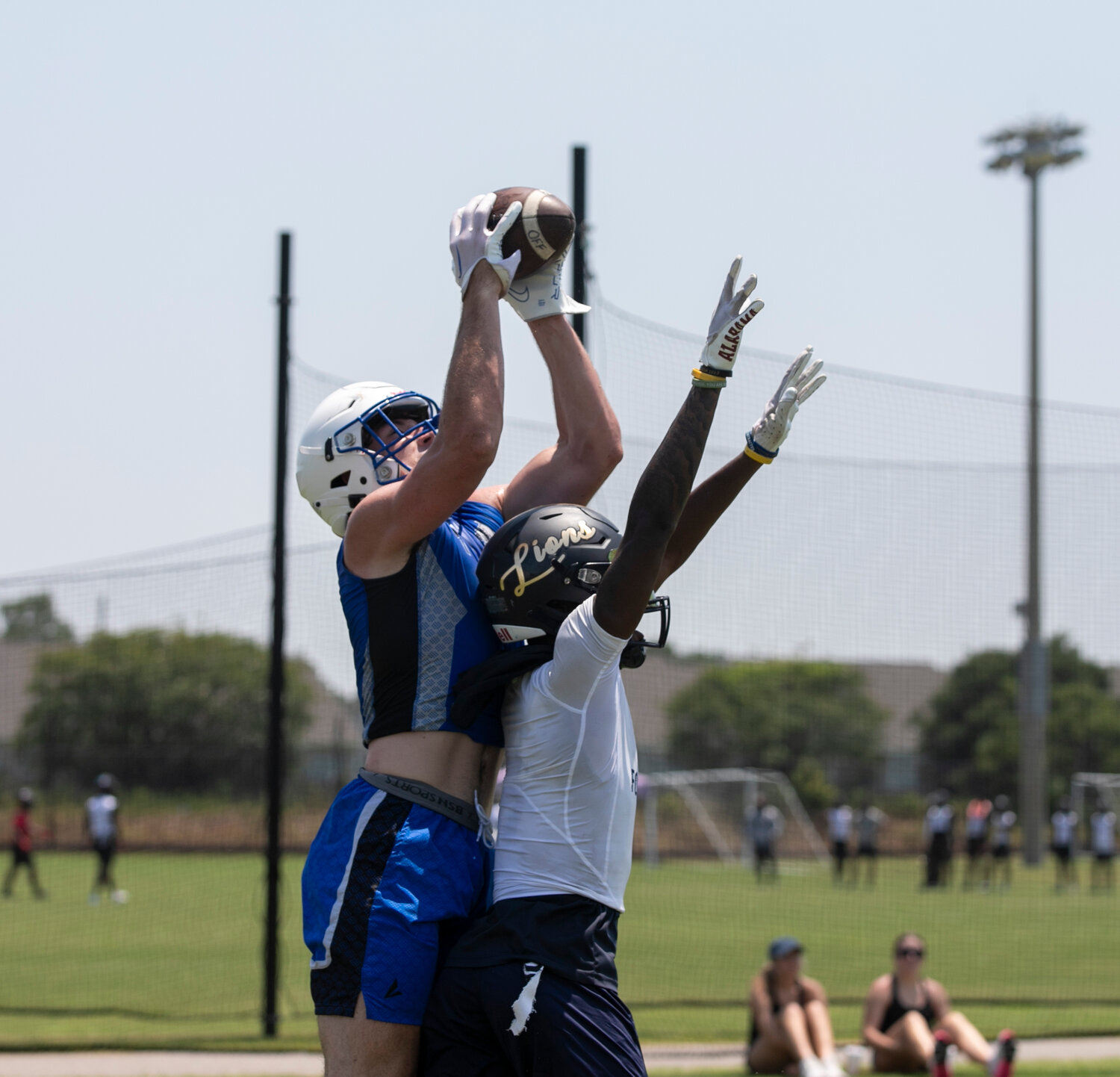 Sanders Daniell leaps to secure a catch in the end zone during the Fairhope Pirates’ second-round bracket game against the Foley Lions as part of the Foley 7-on-7 Showdown hosted by Foley Sports Tourism Thursday, June 29. The catch was nullified due to an unrelated penalty but later that day, Daniell announced his commitment to Harvard.