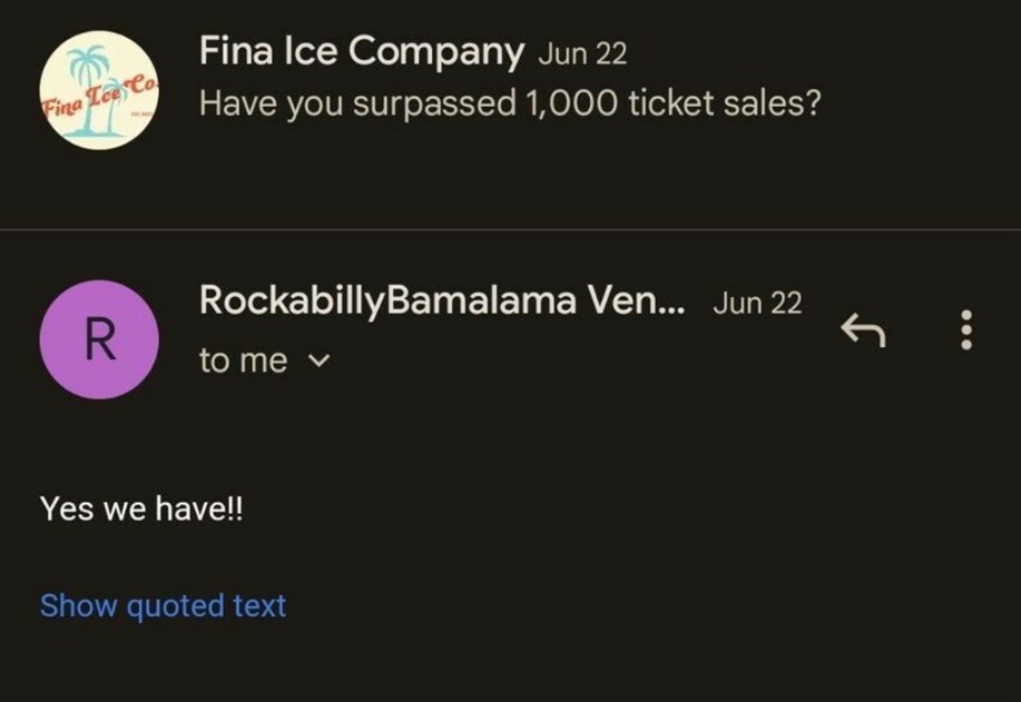 Fina Ice Company, a planned vendor for the festival, decided to drop out prior to the event. The company commented on a Facebook post created by Rockabilly BamaLama, including a screenshot of an email exchange between them and Galloway on June 22. In the email, Fina Ice Company inquired, "Have you surpassed 1,000 ticket sales?" The organizers of Rockabilly replied, "Yes, we have!!" Galloway reported in an interview with Gulf Coast Media that, “We had reservations for 1500 gate tickets, 326 actual tickets sold, 128 cars for Friday and our vendors, and those are the funds that we had released.”