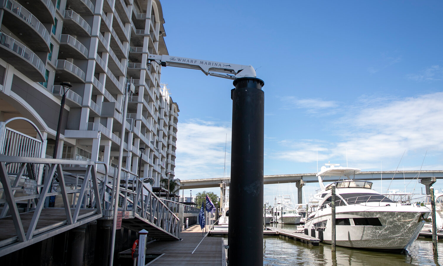 The docks at The Wharf Marina now sport a billfish crane to assist fishermen in retrieving their big hauls from the Gulf.