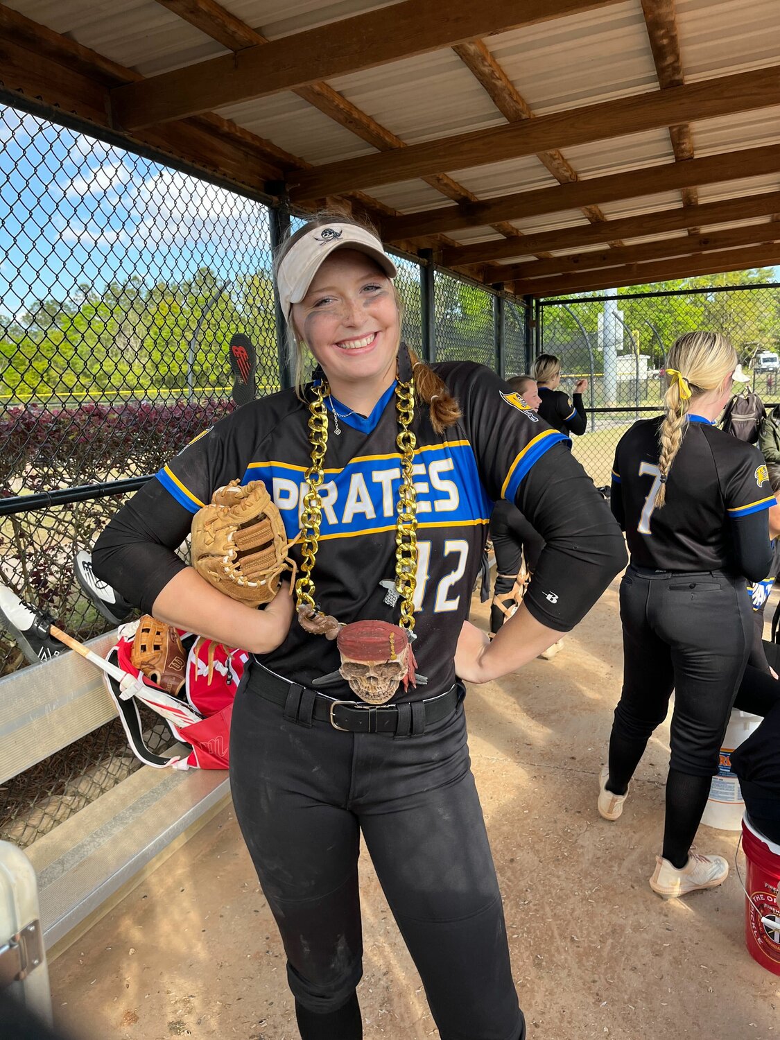 Ryley Harrison shows off the Fairhope Pirates’ home run chain after leaving the yard against David Crockett during action on March 21 in the Gulf Coast Classic tournament at the Gulf Shores Sportsplex. For her career, Harrison registered 44 home runs according to stats on MaxPreps.
