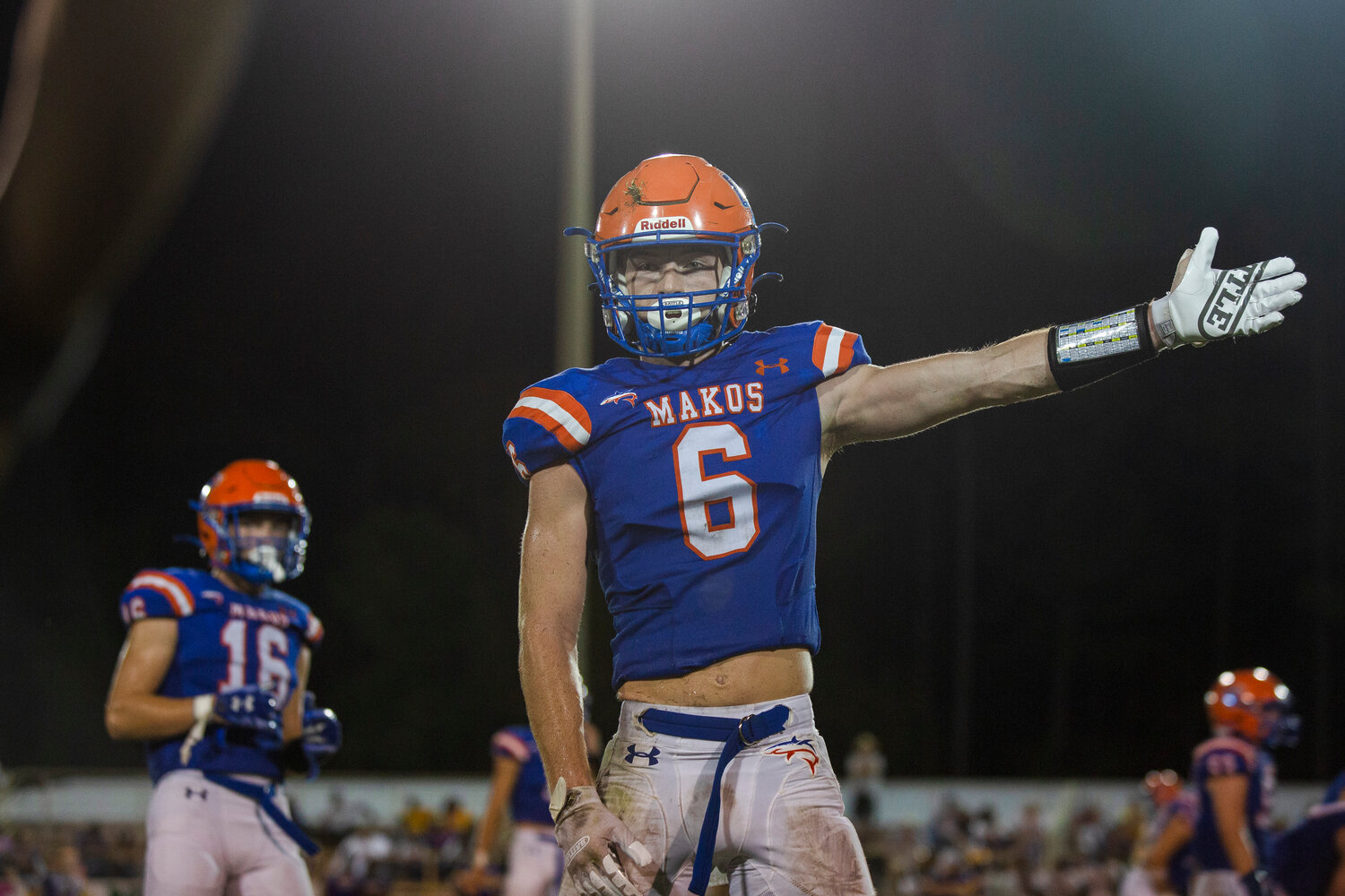 Will Reddell celebrates a big play for the Orange Beach Makos during their first Class 4A Region 1 contest of the year on Sept. 2, 2022, at home.