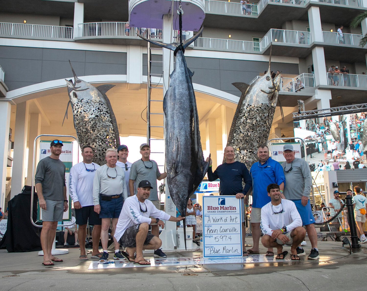 The sixth and final blue marlin weighed at the Blue Marlin Grand Championship in Orange Beach checked in at 597.4 pounds and 121 inches caught by Kevin Courville from A Work of Art. It stood as the largest blue marlin caught at the final billfish tournament of the Gulf Coast Triple Crown.