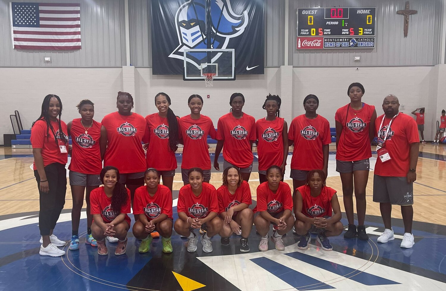 The South All-Star girls’ basketball squad poses for a picture after practice at Montgomery Academy during AHSAA North-South All-Star Week. Coached by Foley’s Emily Flanigan (first on the left in back row), the squad included two Baldwin County players in Ashauntee Hobbs (center of front row) from Foley and La’Merrica Johnson (first on the right in front row) from Daphne.