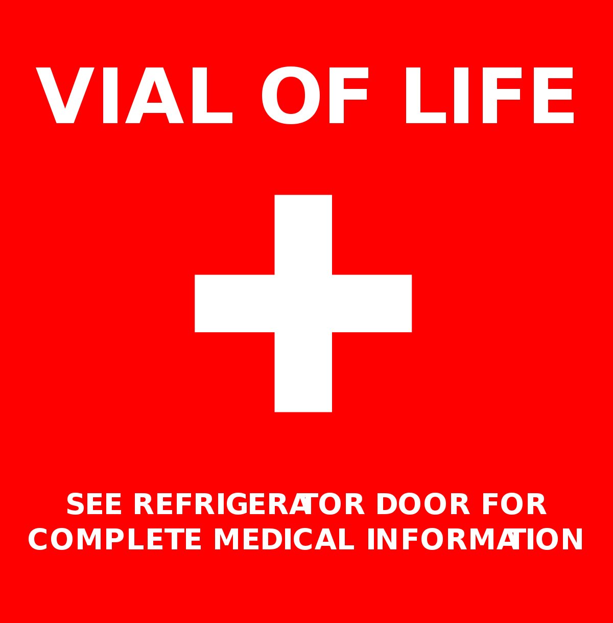 The Vial of Life program involves placing a red Vial of Life decal on the front door of the residence, ensuring its visibility to first responders. Additionally, a second decal is placed in a Ziploc bag that contains complete medical information, which is then positioned on the refrigerator door for access and viewing.