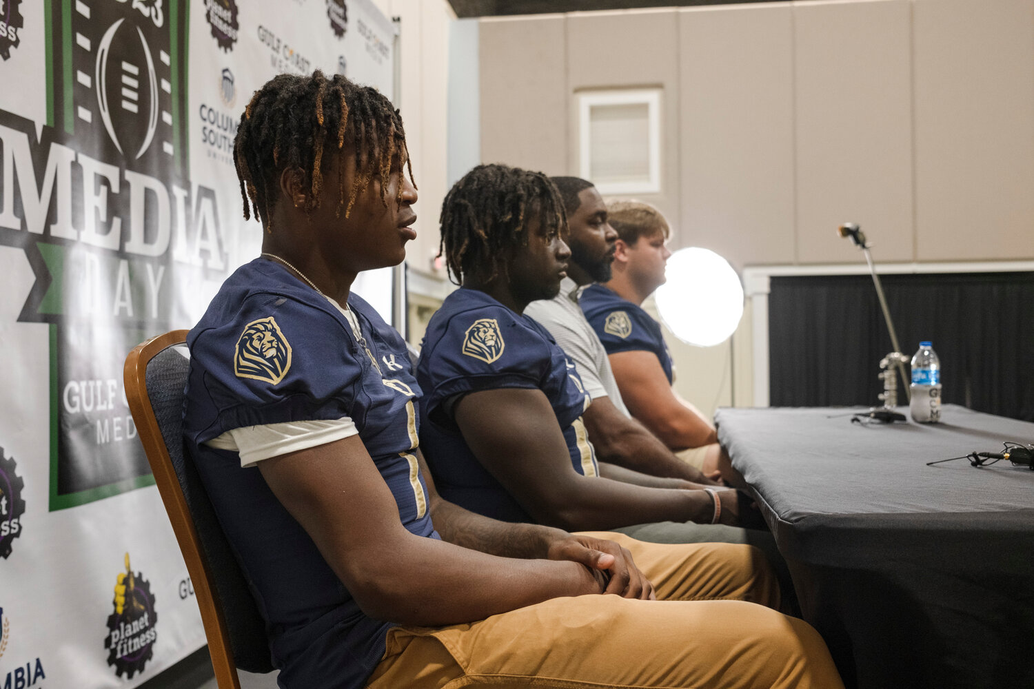 The Foley Lions were represented by Perry Thompson, Kolton Nero, head coach Deric Scott and Logan Joellenbeck at the second-annual Gulf Coast Media Day presented by Columbia Southern and Planet Fitness hosted at the Orange Beach Event Center on Thursday.