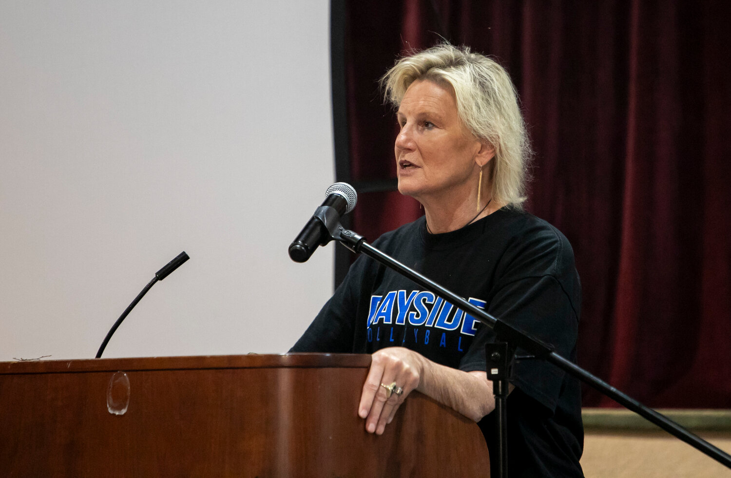 Ann Schilling meets with the media at Trojan Hall in Daphne as part of the Volleyball Media Day on Monday, Aug. 7. Entering her 37th year as the head volleyball coach at Bayside Academy, the Admirals will be on a quest for their 22nd consecutive state title this season.