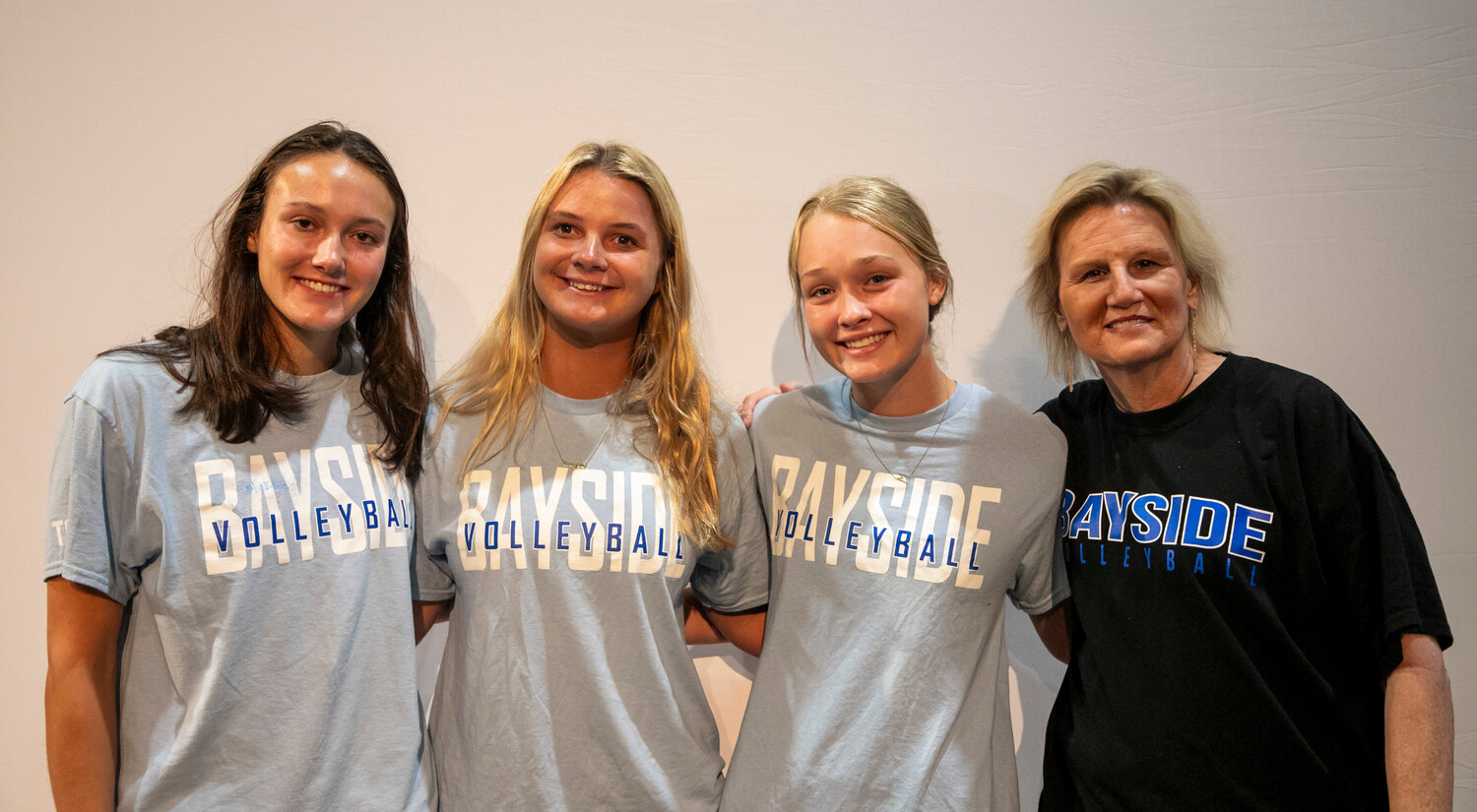 The Bayside Academy Admirals were the first Baldwin County team to take the main stage at the Volleyball Media Day hosted at Daphne High School on Monday, Aug. 7. Pictured from the left are Blakeley Robbins, Maysie Douglas, Misty Kate Smith and head coach Ann Schilling.
