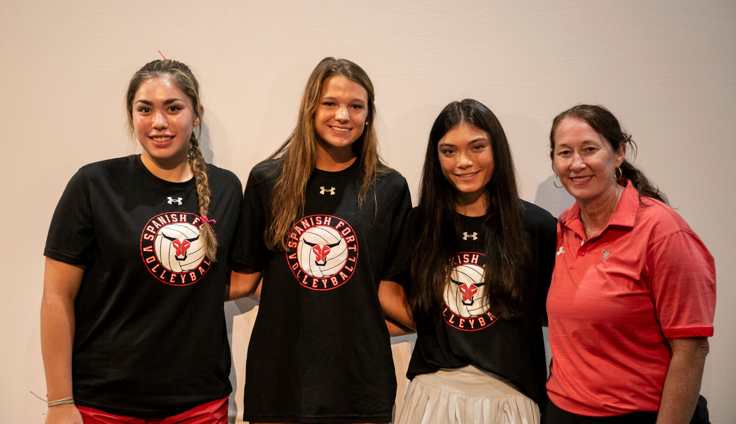 Spanish Fort’s Media Day representatives at Trojan Hall on Monday, Aug. 7, included Alexis Belarmino, Reece Varden, Mary Madison Lyles and head coach Gretchen Boykin. The Toros will look to construct a return trip to the state finals this season.