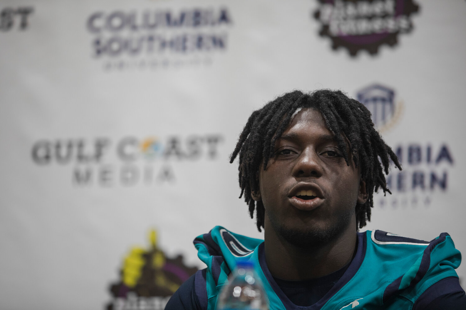 Gulf Shores defensive end Kingston Lowe meets with the press as part of the Gulf Coast Media Day on July 27 in Orange Beach. Lowe is one of the 11 Dolphin defensive starters that head coach Mark Hudspeth would put up against anybody in the state.