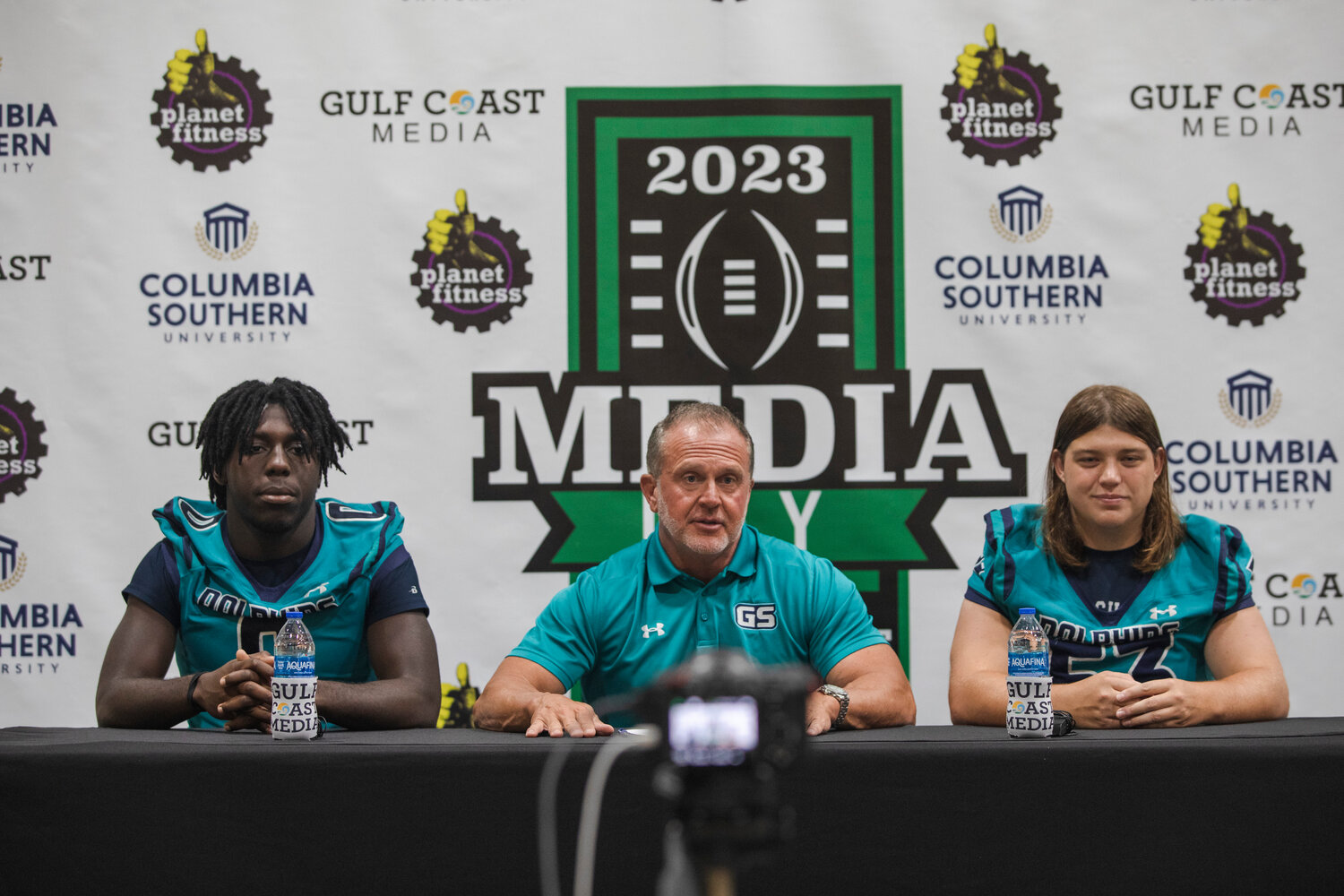 The Gulf Shores Dolphins were represented at Gulf Coast Media Day by Kingston Lowe, head coach Mark Hudspeth and Chase Jennings on Thursday, July 27. They were among the Baldwin County teams that previewed their upcoming seasons.
