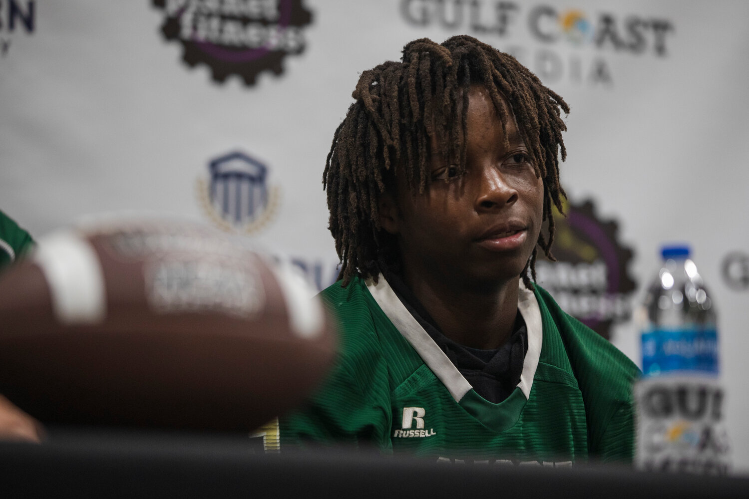 Snook Christian senior Roshad Harris meets with the press at the Orange Beach Event Center as part of Gulf Coast Media Day on Thursday, July 27. Harris is set to take over at quarterback this season after being used as a weapon all over the offense last season.