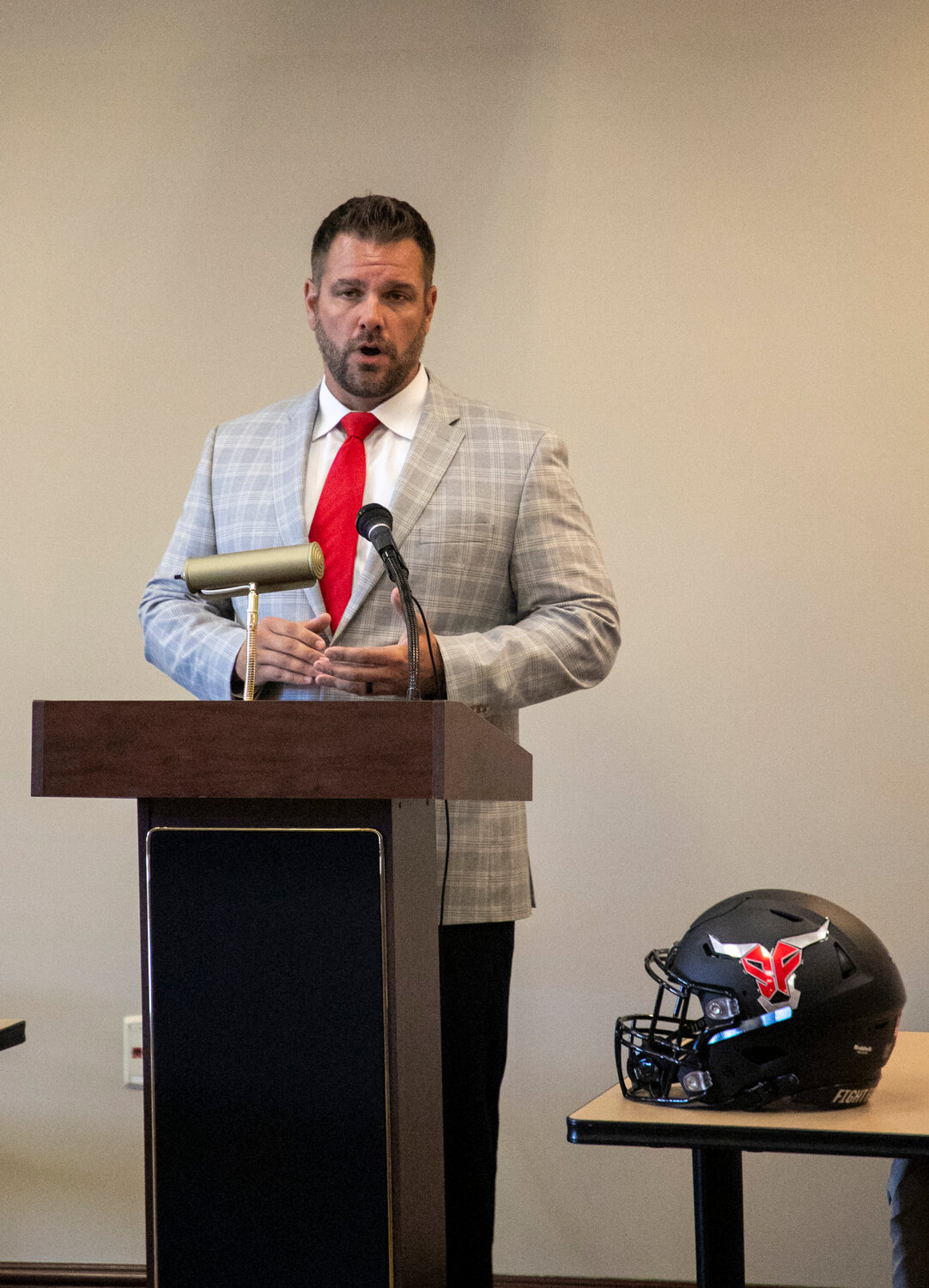 Spanish Fort head football coach Chase Smith meets with the press at Baldwin County Media Days on July 31 at Bryant Bank in Daphne. Smith enters his second year at the helm of the Toro program he previously served as an assistant.