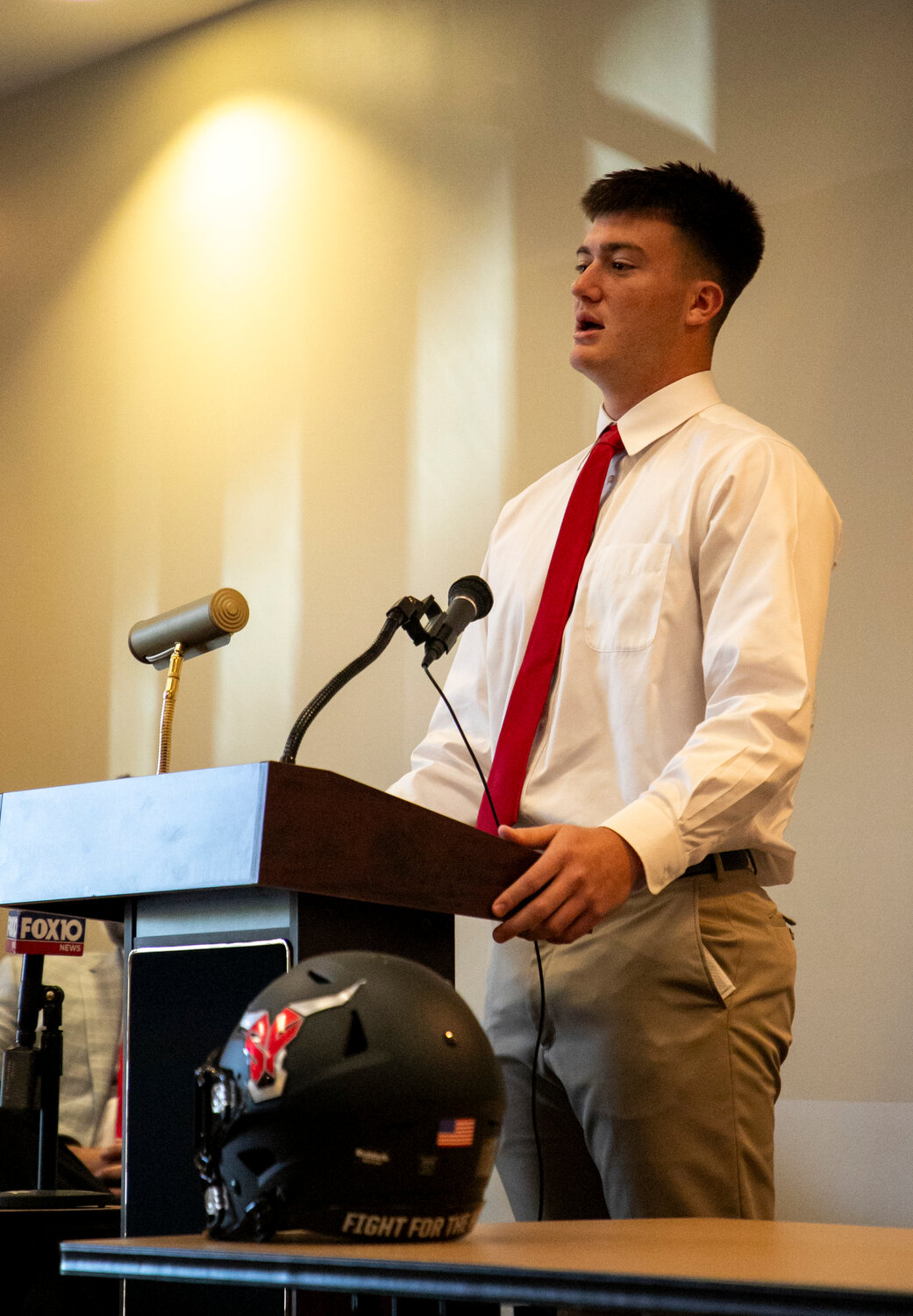 Toro senior and Louisville commit Cole McConathy responds to a question on July 31 at Baldwin County Media Days at Bryant Bank in Daphne. The 6-foot-5, 230-pound defensive lineman set a state record last season with seven sacks in a single game.