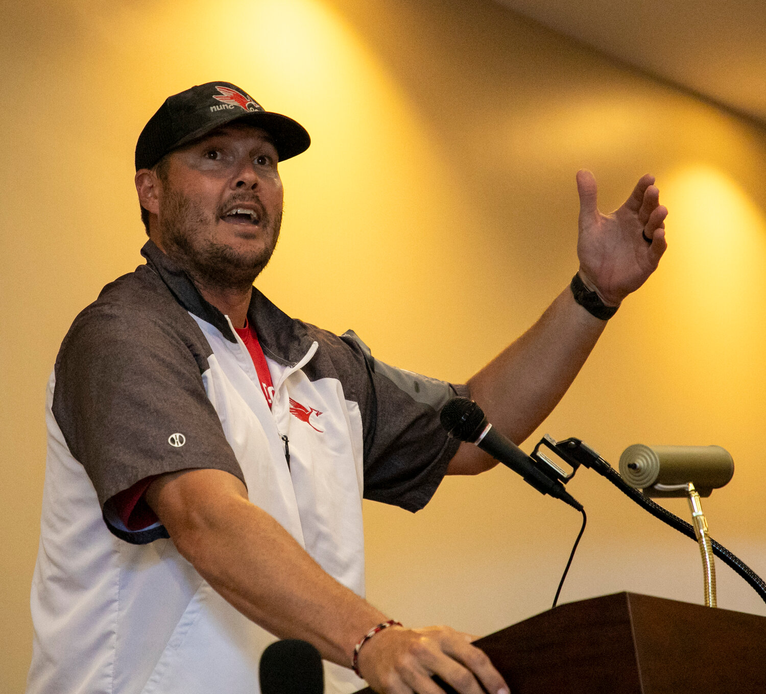St. Michael head football coach Philip Rivers meets with the press in Daphne on July 31 as part of Baldwin County Media Days at Bryant Bank. Rivers’ son Gunner, a freshman, is set to take over the Cardinals’ offense this season.