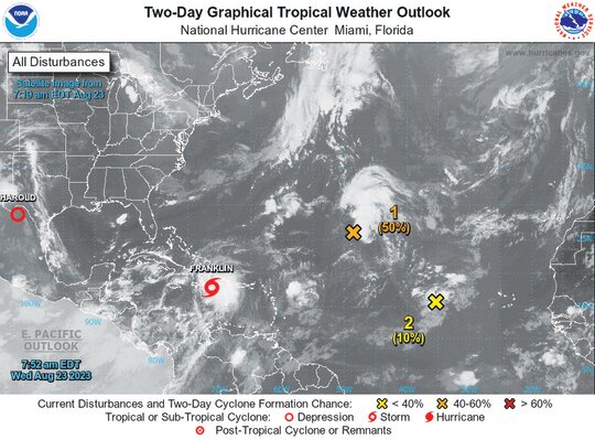 This imaging capture shows tropical systems in the Atlantic, with one in the Pacific, as of Aug. 23.