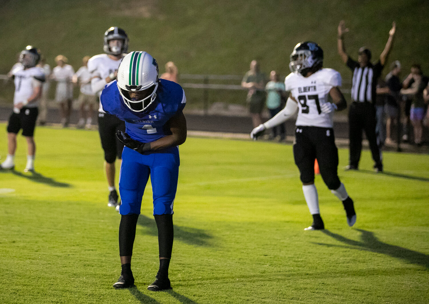 Damien Tate takes a bow after his first of two receiving touchdowns Friday night in Bayside Academy’s regular-season opener against the Elberta Warriors at Freedom Field. The 26-yard receiving score came early in the second quarter.