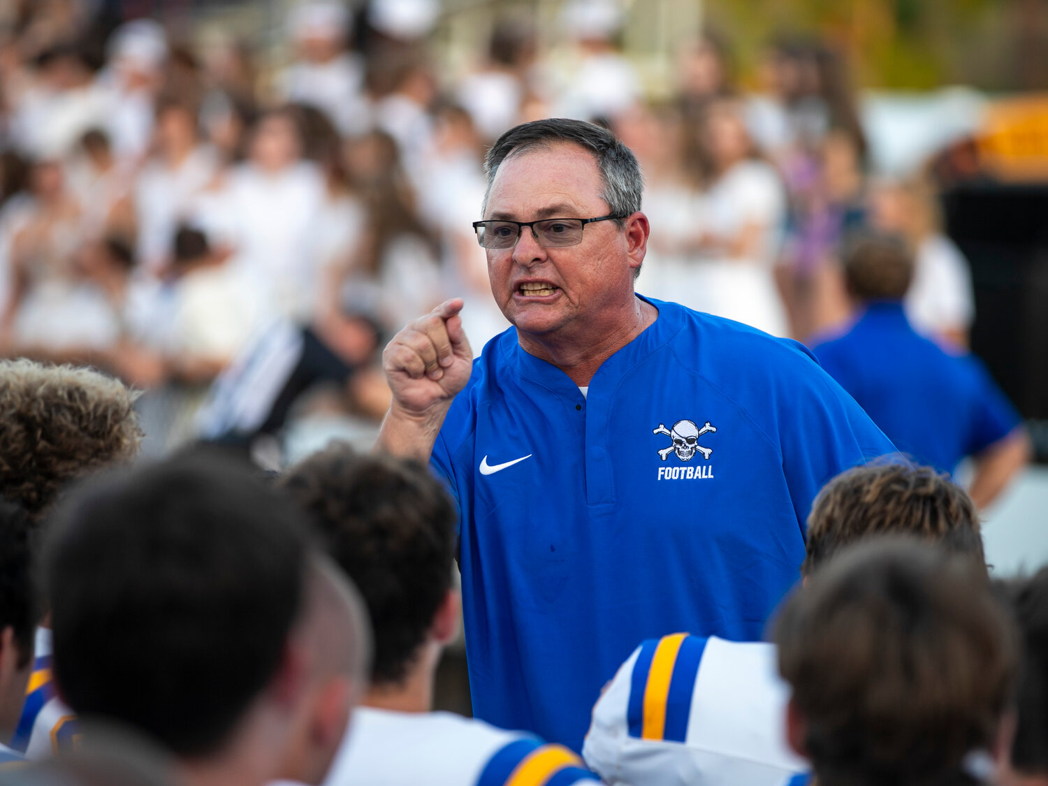 Fairhope head football coach Tim Carter meets with his team before the season-opening contest against the Spanish Fort Toros on the road on Thursday, Aug. 24. The Pirates will be away again this week to face the Choctawhatchee Indians in a rematch of a 43-39 shootout from last year.