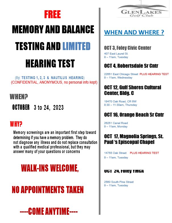 Throughout the month of October, Testing 1, 2, 3 and Nautilus Hearing is providing free memory and balance and limited hearing tests around Baldwin County. This confidential and anonymous testing can assist individuals in learning more about their health.