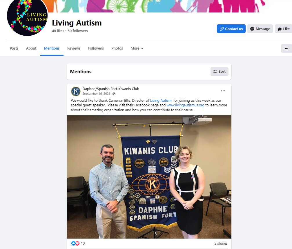 On the Living Autism US Facebook page, which has since been deleted, the organization was tagged by the Daphne/ Spanish Fort Kiwanis Club. The post shows executive director of Living Autism US, Cameron Ellis, with a member of the Kiwanis Club after she was invited to be a guest speaker.