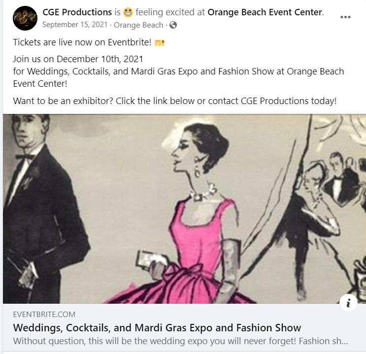 CGE Productions announced via their Facebook page, which has since been deleted, that an event called "Weddings, Cocktails, and Mardi Gras Expo and Fashion Show," was to be hosted Dec. 10 at the Orange Beach Event Center. However, OBEC denied this event was ever held.