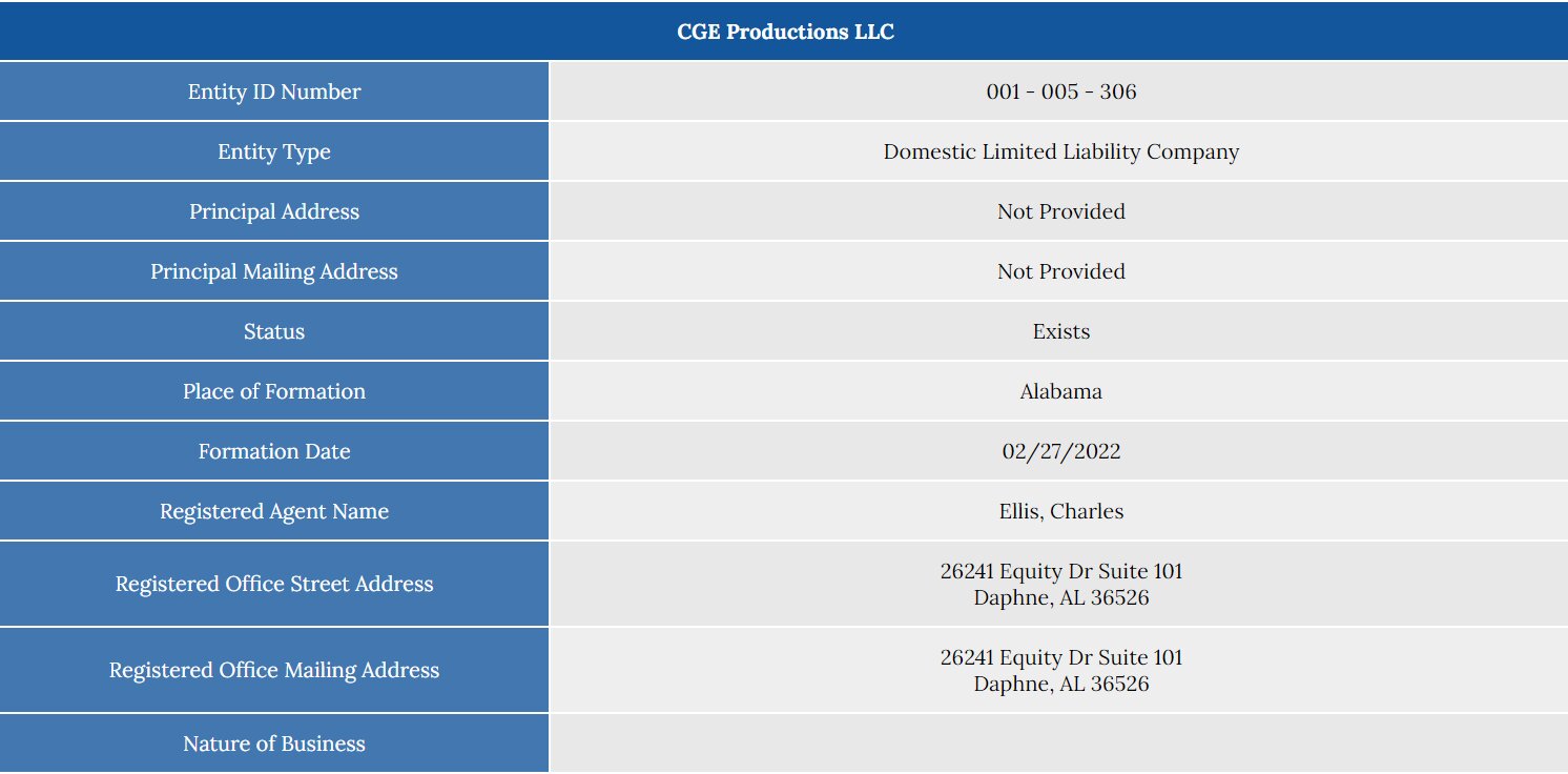CGE Productions' business license, which was found on the Alabama Secretary of State website while searching for business entity records. The business license shows that CGE Productions was created February 27, 2022.