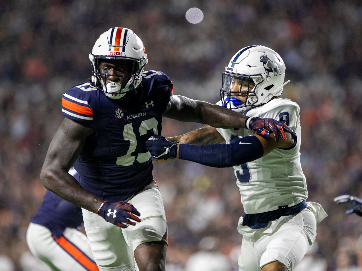 Daphne alum Midnight Steward tracks the release of Auburn junior Rivaldo Fairweather during the second half of Samford’s Saturday night game on Pat Dye Field. Steward finished with 2 tackles in the Bulldogs’ 45-13 defeat.