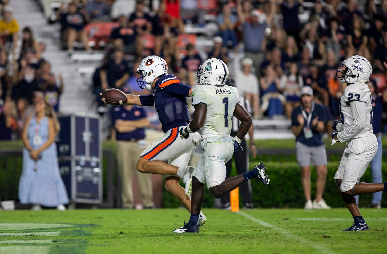 Auburn quarterback Payton Thorne extends the ball over the goal line for the second of his two rushing touchdowns on the night as part of the Tigers’ 45-13 win over the Samford Bulldogs on Saturday, Sept. 16, at Jordan-Hare Stadium. Thorne became the first Auburn quarterback since 2014 to record more than 200 passing yards and 100 rushing yards in a single game.