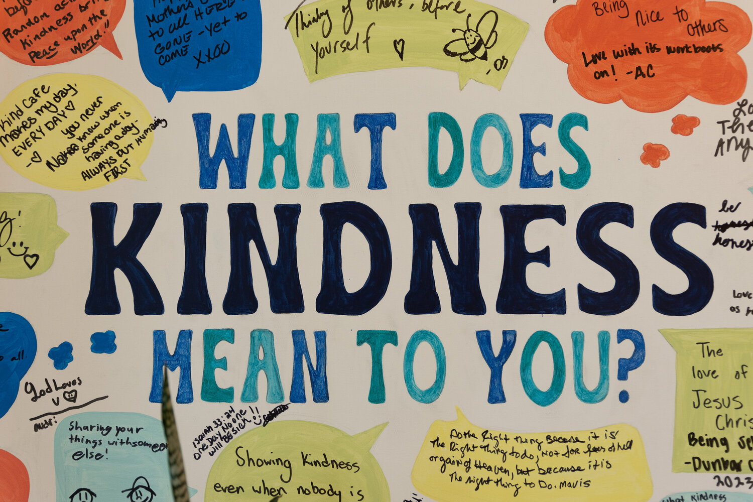 Upon entering Kind Cafe, a sign that reads "What does kindness mean to you?" is located to the left of the entrance door. Customers are able to fill in the spaces to explain their definition of kindness.