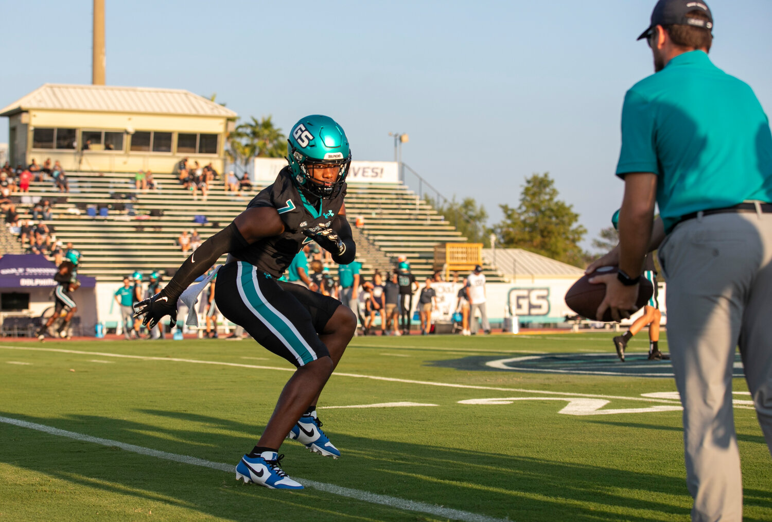 Gulf Shores sophomore Jamichael Garrett goes through pregame warmups before the Dolphins’ Class 5A Region 1 contest against the UMS-Wright Bulldogs at home on Friday, Sept. 15. Garrett contributed 4 total tackles including 3 for loss in last week’s shutout win over LeFlore.
