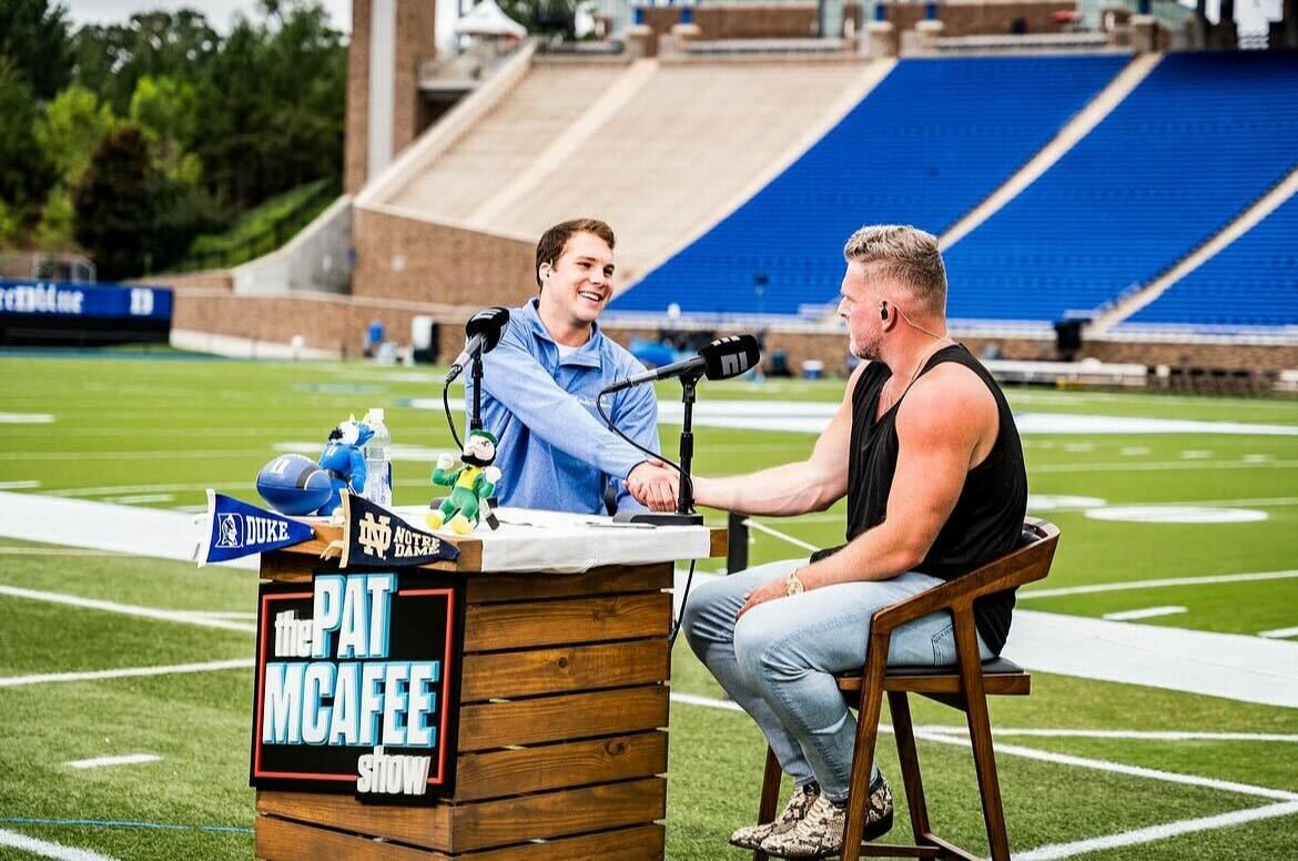 Riley Leonard and Pat McAfee close their interview on Friday, Sept. 29, at Wallace Wade Stadium as the Duke Blue Devils prepare to host the Notre Dame Fighting Irish for a ranked matchup with College GameDay in attendance on Saturday.
The Fairhope alum was joined by head coach Mike Elko in representing the program on Friday's live show.