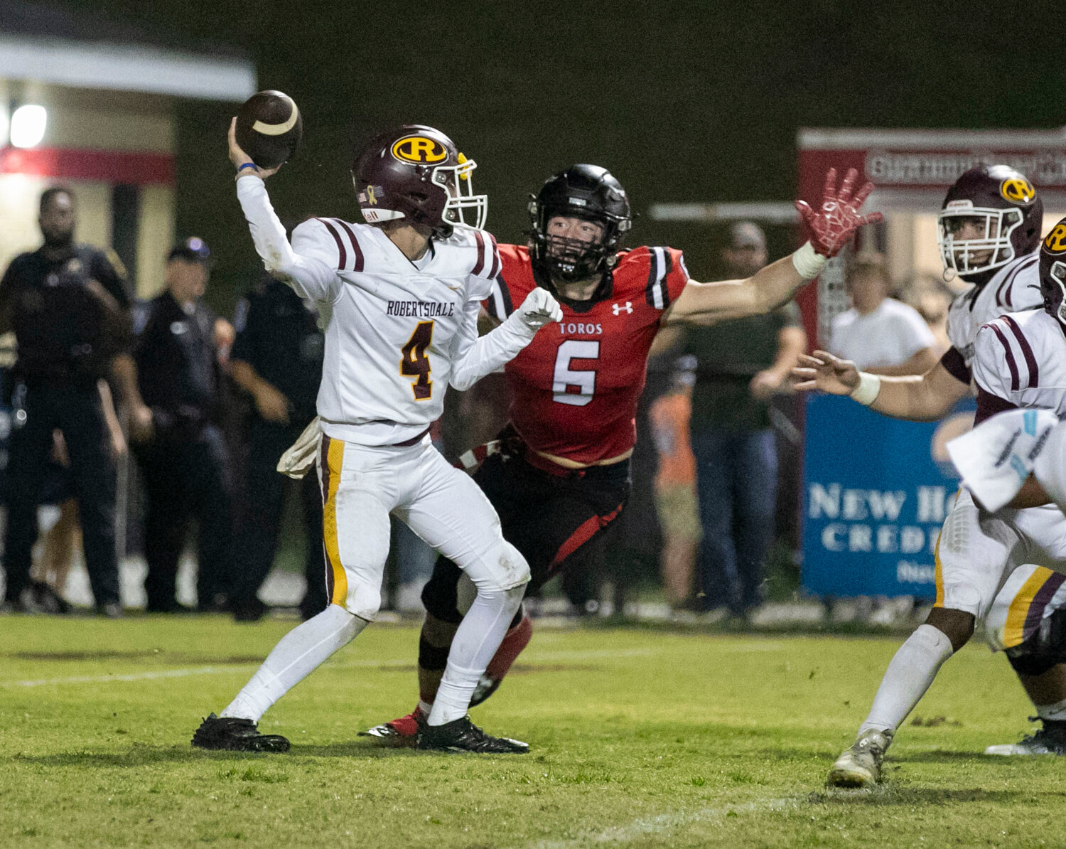 Toro senior defensive end Cole McConathy brings pressure off the end during the third quarter of Spanish Fort’s 45-0 win over the Robertsdale Golden Bears. The Louisville commit entered the game as the state’s sack leader with 15 through eight games for 73 total lost yards.