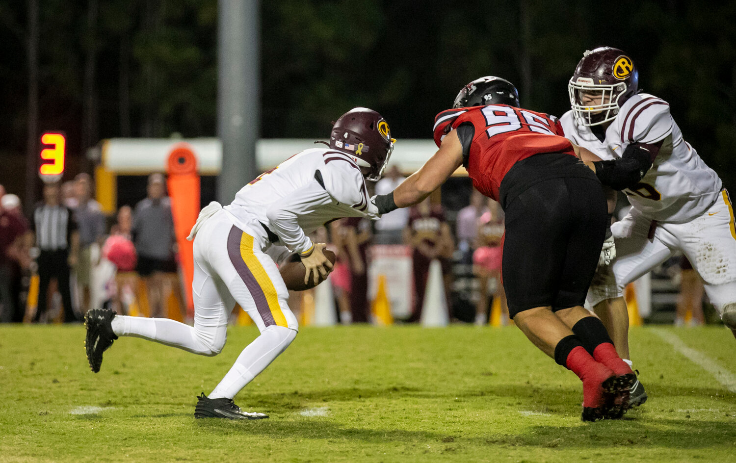 Spanish Fort senior Grey Freeman (95) collects Robertsdale sophomore Cameron Joseph (4) for a first-half sack during the Toros’ homecoming contest against the Golden Bears on The Hill Friday night. Freeman and the Spanish Fort defense pitched its second shutout of the season to secure a 45-0 win.