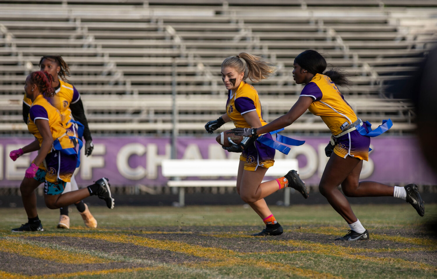 Trojan sophomore Kandis Tidwell breaks the opposite direction after she pulled down an interception in the first game of the Class 6A-7A Area 1-2 Tournament at Jubilee Stadium Monday night against the MGM Vikings. Tidwell delivered another interception down the stretch of Daphne’s championship game against the Alma-Bryant Hurricanes which helped seal a 13-7 win that advanced the Trojans to the state tournament.