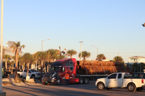 A truck bringing in materials for the restoration project, currently located at the Gulf State beach access on Nov. 1.