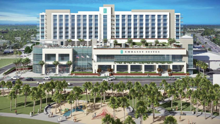 A rendering of the new Embassy Suites in Gulf Shores, set to be completed in summer 2025.