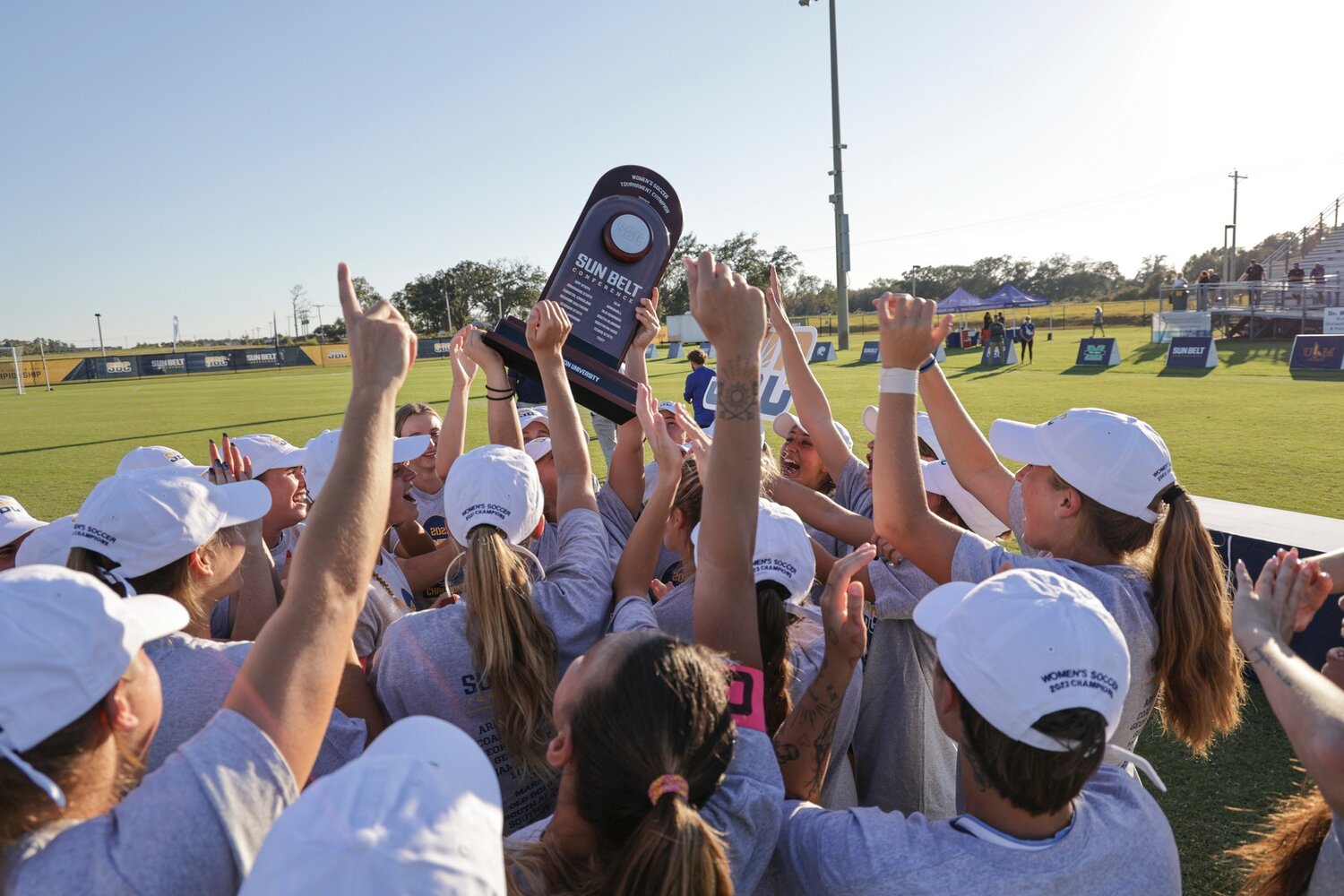 The Old Dominion Monarchs celebrate their second Sun Belt Conference Championship in as many seasons in the league at the Foley Sports Tourism Complex on Sunday, Nov. 5. Freshman Sydney Somers delivered the winning goal in overtime for a 2-1 win over the James Madison Dukes.