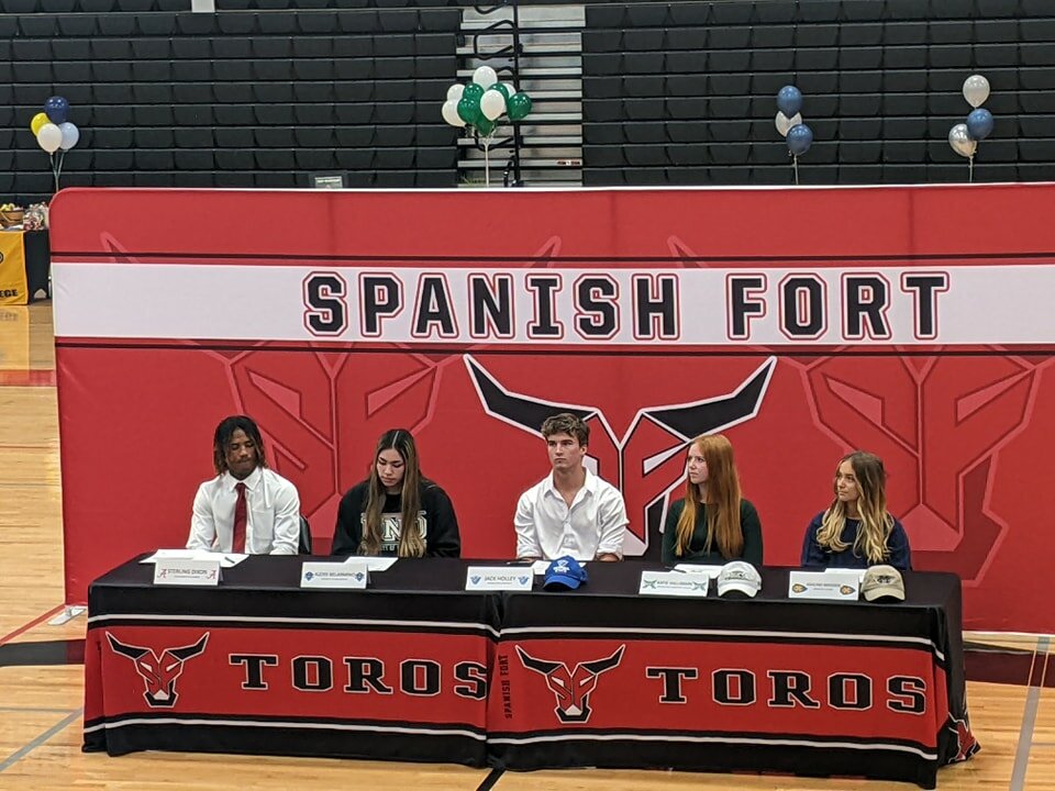 The Spanish Fort Toros saw five athletes sign National Letters of Intent on Wednesday, Nov. 8, including Sterling Dixon to Alabama football, Alexis Belarmino to New Orleans volleyball, Jack Holley to Georgia State baseball, Katie Hallmark to Shelton State golf and Ashlynd Madden to Mississippi College golf.