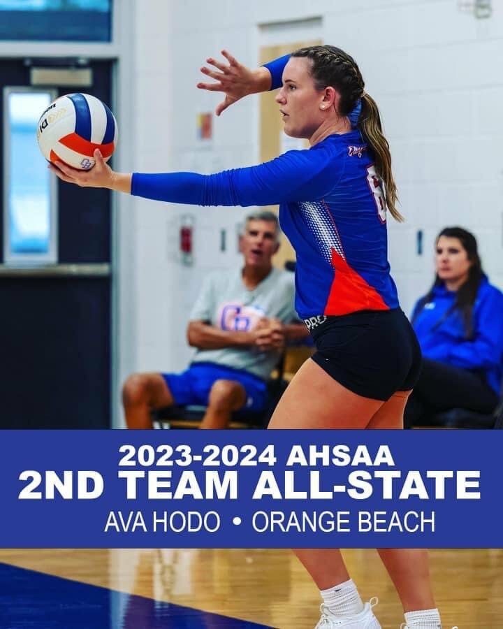 Ava Hodo was a second-team all-state honoree on the Class 4A stage with the Orange Beach Makos. The Alabama High School Volleyball Coaches Association recognized the sophomore alongside seniors Amelia Edgeworth and Ensley Keel on the first team.