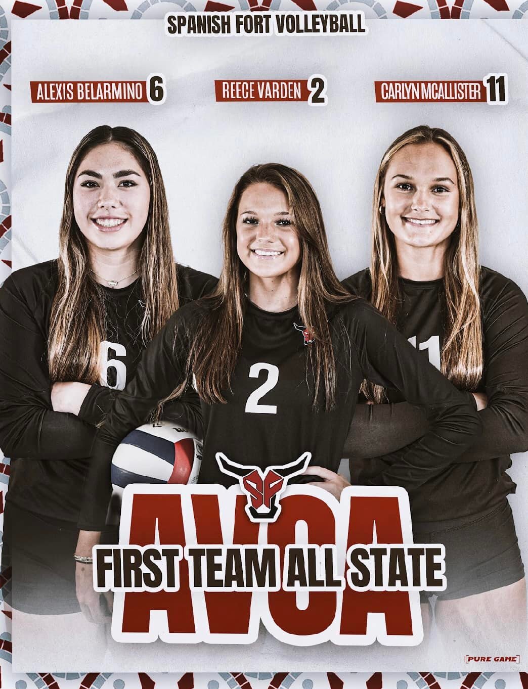 The Spanish Fort Toros landed three athletes on the Alabama High School Volleyball Coaches Association’s Class 6A first-team all-state. Alexis Belarmino, Reece Varden and Carlyn McCallister closed their Spanish Fort volleyball careers with the recognition.