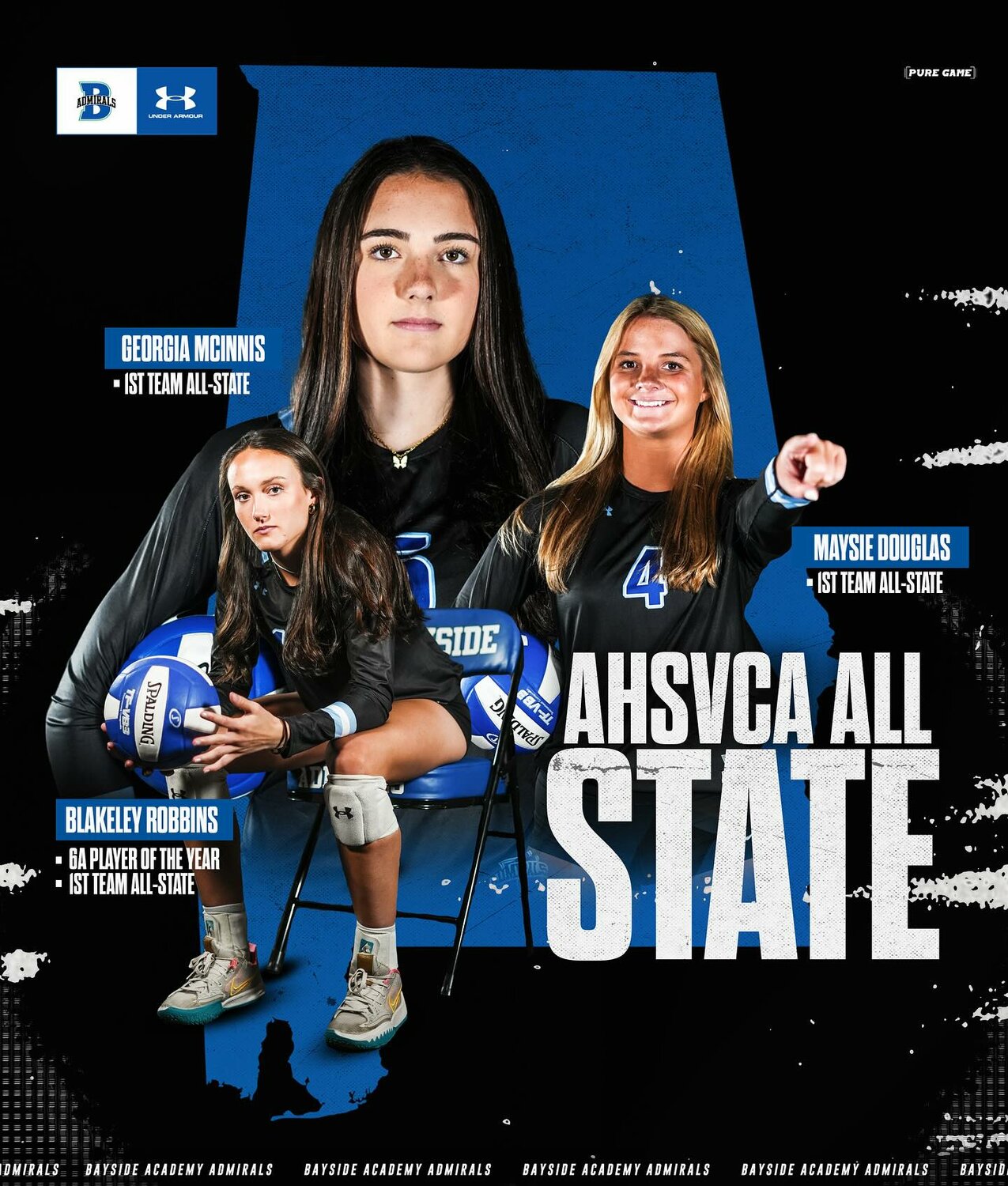 Three Bayside Academy Admirals were represented on the Alabama High School Volleyball Coaches Association’s first-team all-state for Class 6A. Blakeley Robbins, who was also named the classification’s player of the year, was recognized alongside Georgia McInnis and Maysie Douglas.